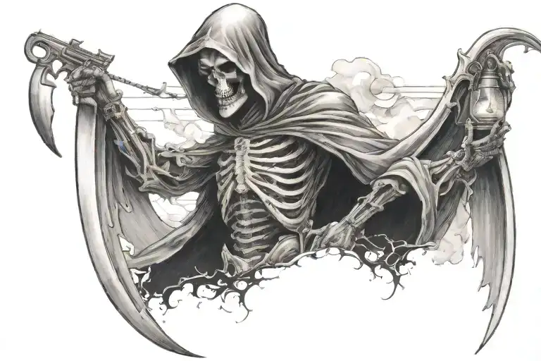 A Grim Reaper holding a hour glass in one hand and a machine gun in the other hand. tattoo design idea
