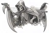 A Grim Reaper holding a machine gun with bombs dropping around him tattoo design idea