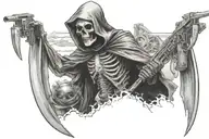 A Grim Reaper holding a machine gun with bombs dropping around him tattoo design idea