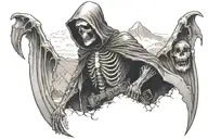 A Grim Reaper overlooking a mountain range with bombs dropping in a dotwork style tattoo design idea