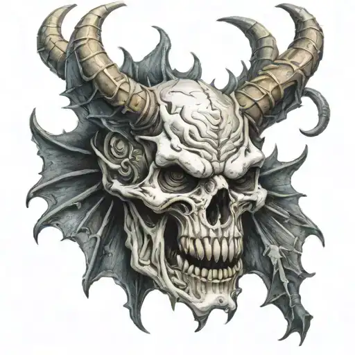 facing front skull devil horns bahamut head tattoo design idea