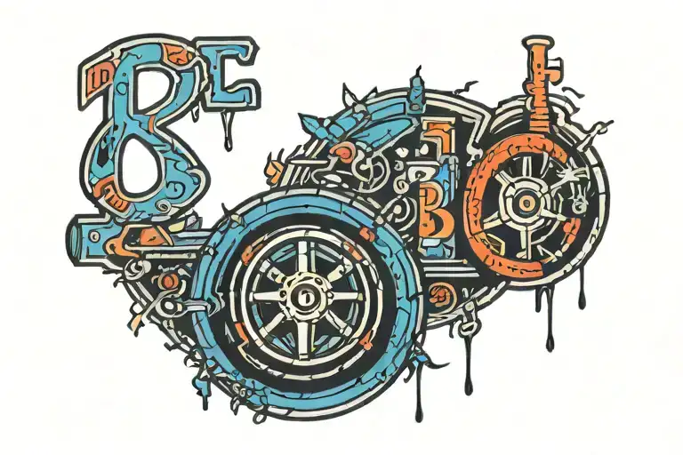 using the letter Bob insert design in the letters reflecting our friendship. sterring wheel, firecamp, pepsi, music tattoo design idea