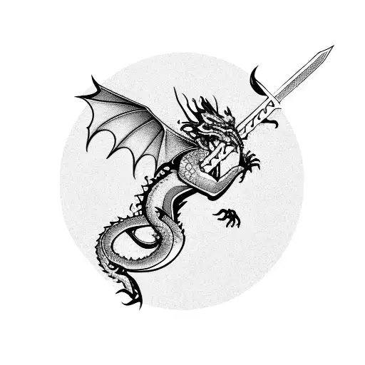 dragon with sword with flowers with lightning  tattoo design idea
