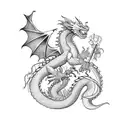 dragon with sword with flowers with lightning  tattoo design idea