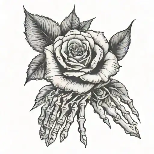skeleton hand holding rose to represent beauty through the strugfle tattoo design idea