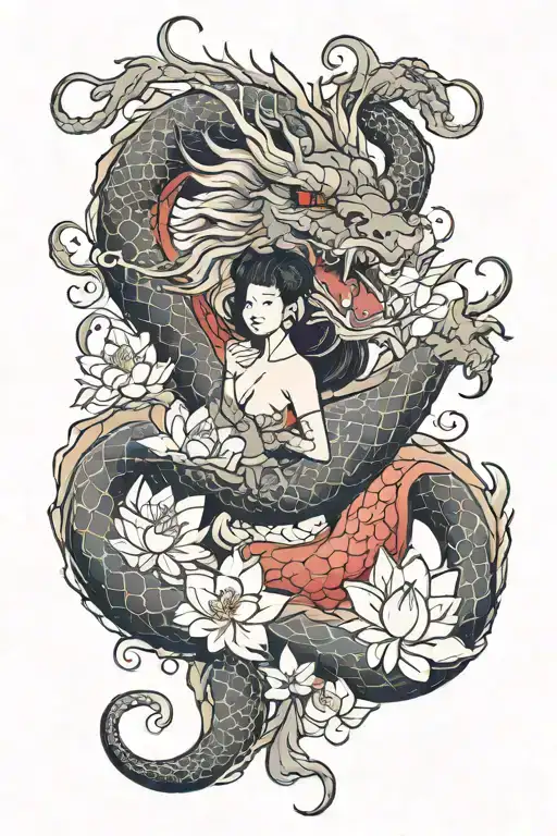 Hania is fighting a red dragon that has escaped from under her skin. Everything is decorated with lotus and sakura tattoo design idea