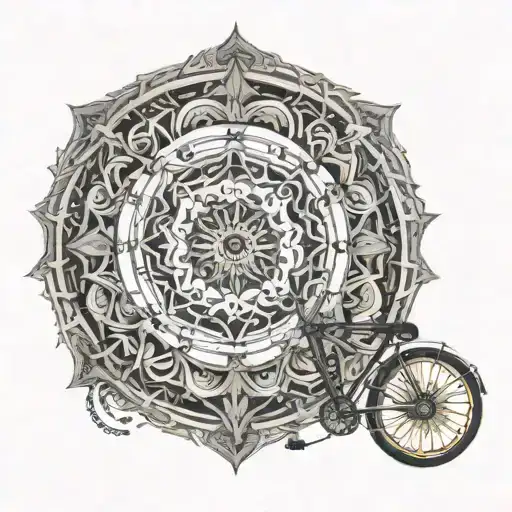 An intricate design of a bicycle wheel morphing into a mandala, symbolizing the balance and harmony you find in biking and spirituality tattoo design idea