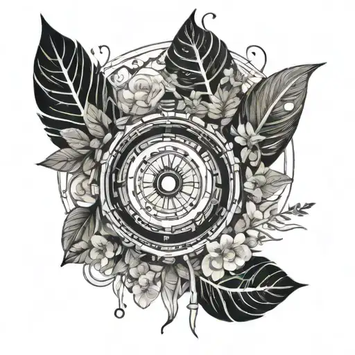 A mystical tattoo of a shamanic drum with intricate patterns and symbols, surrounded by aromatic plants and flowers, embodying your interest in shamanism and aromatherapy tattoo design idea