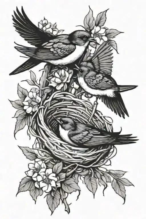swallow over a nest with two chicks tattoo design idea