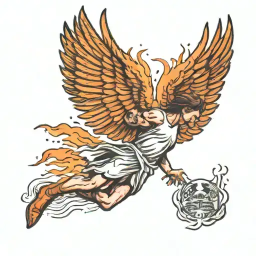 icarus falling from the sky body bloody and falling apart on fire tattoo design idea