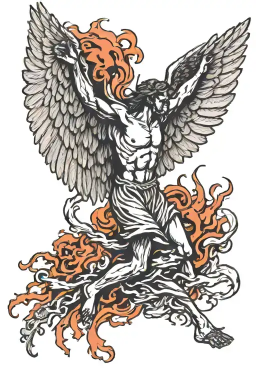 icarus falling body bloody and falling apart on fire tattoo design idea