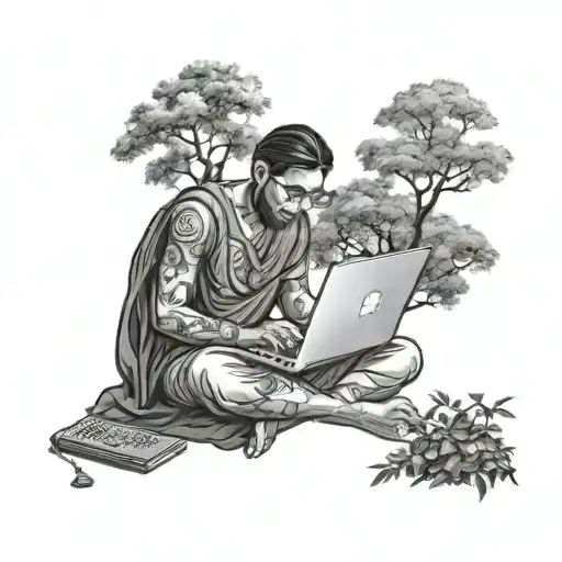 A software engineer coding on a laptop under a tree, surrounded by nature and the teachings of the Bhagwat Geeta tattoo design idea