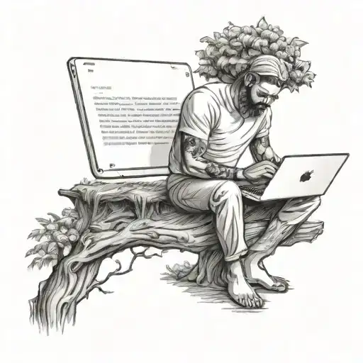 A software engineer coding on a laptop under a tree, surrounded by nature and the teachings of the Bhagwat Geeta tattoo design idea