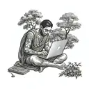 A software engineer coding on a laptop under a tree, surrounded by nature and the teachings of the Bhagwat Geeta tattoo design idea