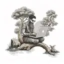 A software engineer coding on a laptop under a tree, surrounded by nature and the teachings of the Bhagwat Geeta tattoo design idea