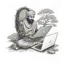 A software engineer coding on a laptop under a tree, surrounded by nature and the teachings of the Bhagwat Geeta tattoo design idea