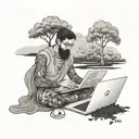 A software engineer coding on a laptop under a tree, surrounded by nature and the teachings of the Bhagwat Geeta tattoo design idea