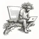 A software engineer coding on a laptop under a tree, surrounded by nature and the teachings of the Bhagwat Geeta tattoo design idea