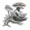 A software engineer coding on a laptop under a tree, surrounded by nature and the teachings of the Bhagwat Geeta tattoo design idea