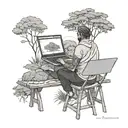 A software engineer coding on a laptop under a tree, surrounded by nature and the teachings of the Bhagwat Geeta tattoo design idea