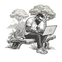 A software engineer coding on a laptop under a tree, surrounded by nature and the teachings of the Bhagwat Geeta tattoo design idea