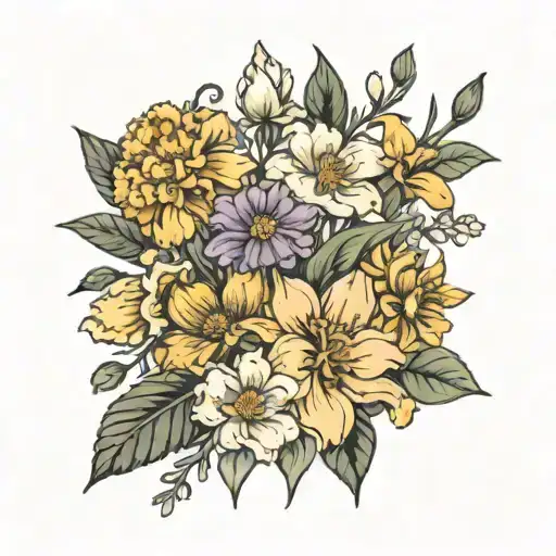 small black fine line tattoo bouquet of flowers with a carnation, narcissus, daffodil, aster, marigold, and a violet tattoo design idea