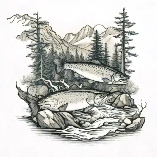 A river running through the trees with mountains in the background and a salmon jumping out of the river toward me. tattoo design idea