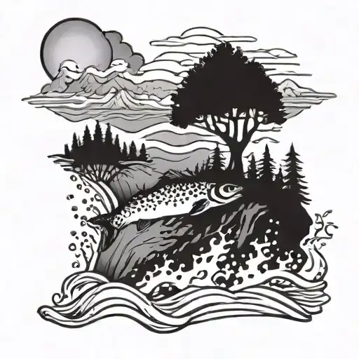 A river running through the trees with mountains in the background and a salmon jumping out of the river toward me. tattoo design idea