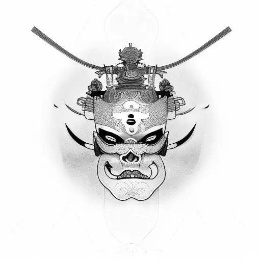 Symmetric Portrait of Geisha, Skulls, Samurai Mask, female Back Tattoo concept, Black & Grey with black work tattoo design idea