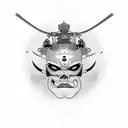 Symmetric Portrait of Geisha, Skulls, Samurai Mask, female Back Tattoo concept, Black & Grey with black work tattoo design idea