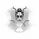 Symmetric Portrait of Geisha, Skulls, Samurai Mask, female Back Tattoo concept, Black & Grey with black work tattoo design idea