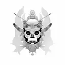 Symmetric Portrait of Geisha, Skulls, Samurai Mask, female Back Tattoo concept, Black & Grey with black work tattoo design idea