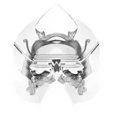 Symmetric Portrait of Geisha, Skulls, Samurai Mask, female Back Tattoo concept, Black & Grey with black work tattoo design idea