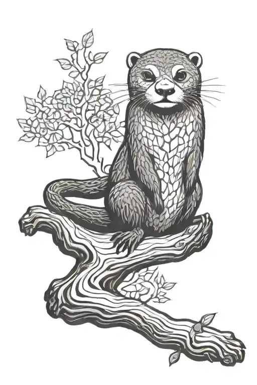 an otter climbing a log in a river with the tree of life sacred geometry intertwined, white background  tattoo design idea