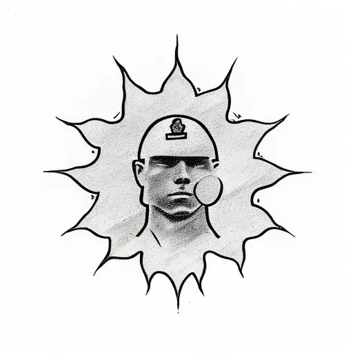 A tattoo of a soldier with a sun behind him and people dancing and the text Never Forget in front tattoo design idea