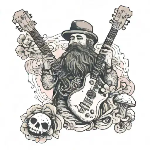 A bearded musician playing a guitar made of mushrooms tattoo design idea