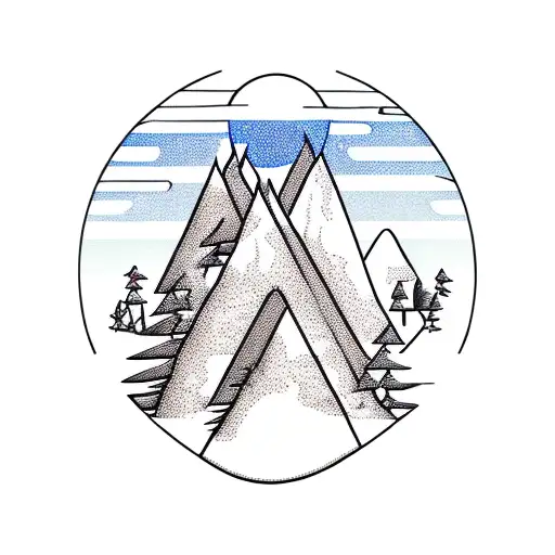 mountain with tree sitting man with small cabin and bonfire with motorcycle  tattoo design idea