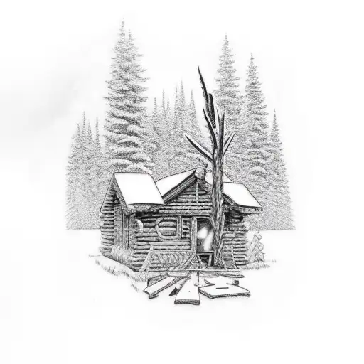 man with small cabin and bonfire tattoo design idea