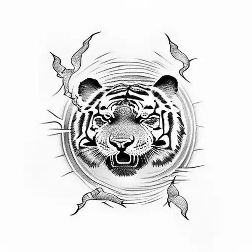 Create a dotwork tattoo depicting a tiger leaping through a lightning storm tattoo design idea