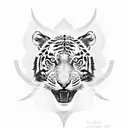 Create a dotwork tattoo depicting a tiger leaping through a lightning storm tattoo design idea