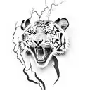 Create a dotwork tattoo depicting a tiger leaping through a lightning storm tattoo design idea
