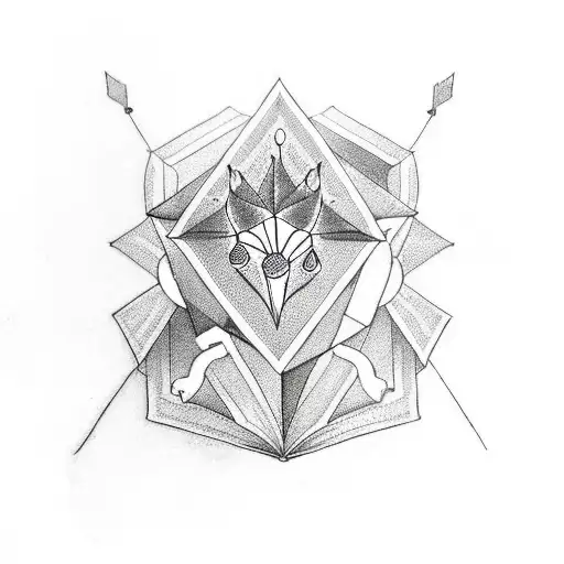 Geometric tattoo design with books, key, dragons, stars, swords, trees and poppy flowers.  tattoo design idea