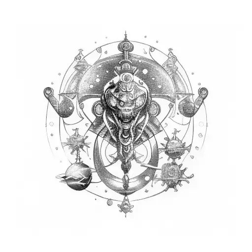 Arm tattoo with aquarius zodiac sign, mechanical gear, katana and its in space tattoo design idea