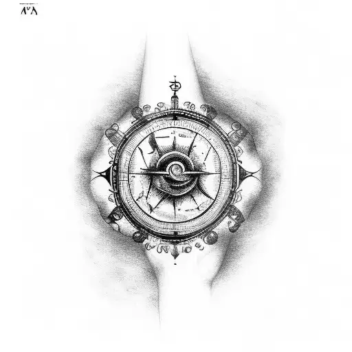 Arm tattoo with aquarius zodiac sign, mechanical gear, katana, old clock. tattoo design idea