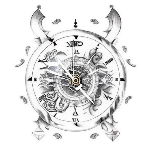 Arm tattoo with aquarius zodiac sign, mechanical gear, katana, old clock. tattoo design idea