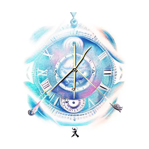 Arm tattoo with aquarius zodiac sign, mechanical gear, katana, old clock. tattoo design idea