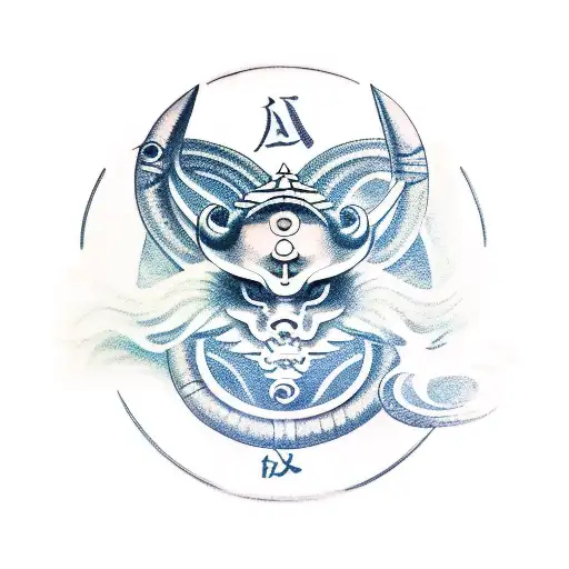 Arm tattoo with aquarius zodiac sign, mechanical gear, katana tattoo design idea