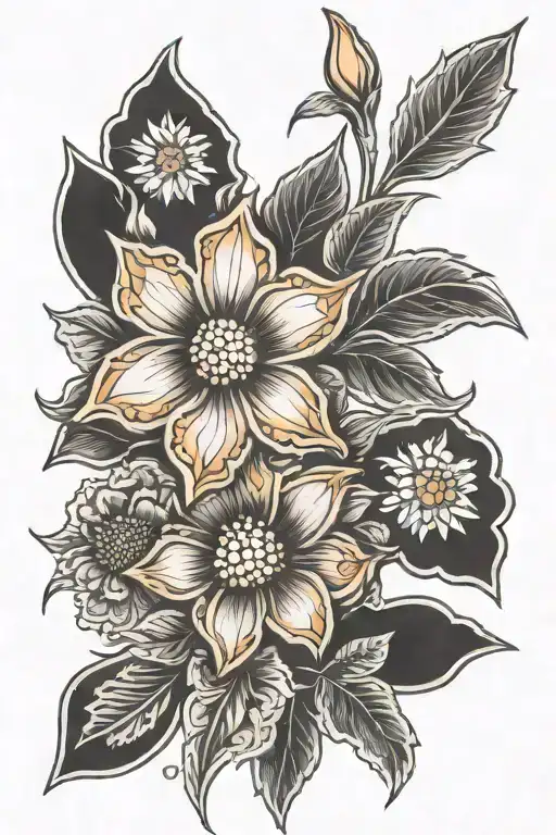 daisy, rose, daffodil, lace like patterns tattoo design idea