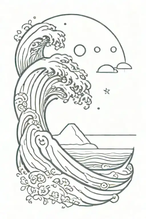 wave with seaweed and full moon line tattoo tattoo design idea