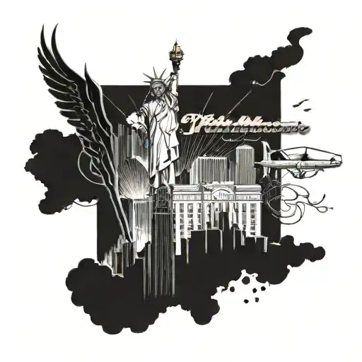A tattoo design of Las Vegas skyline with Greek god Hermes flying above, representing good energy and luck in the entrepreneur's life tattoo design idea